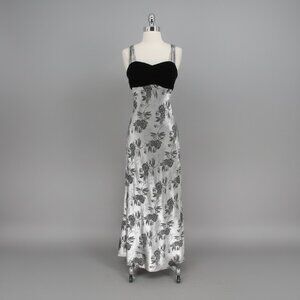 Vintage 90s Velvet Silver Jacquard Party Gown Dress XS